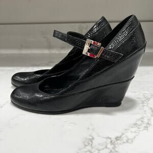 Fendi Two Tone Textured Leather Mary Jane Wedge Pumps Black Sz 39.5 / 9.5 US